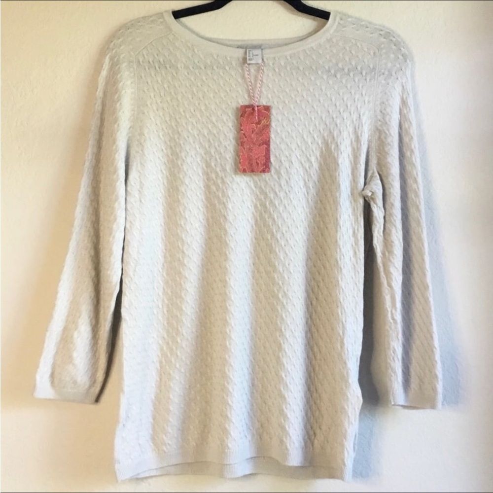H&M 3/4 sleeve lightweight grey knit sweater dotty pattern cozy layered look